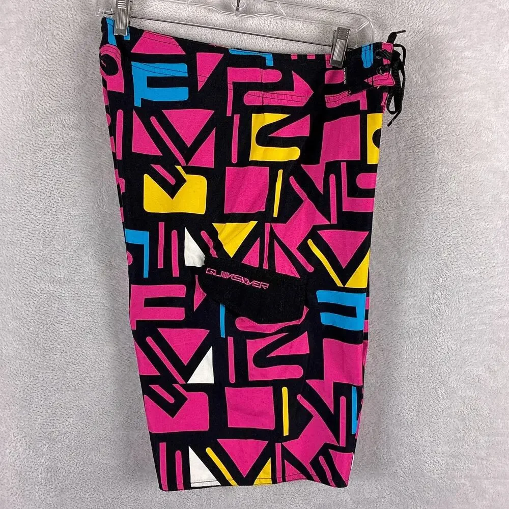 VTG Quiksilver Board Shorts Men 30 Pink Black QS Typo Colorblock Skate Surf Y2K